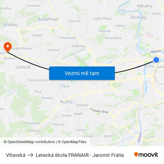 Vltavská to Letecká škola FRANAIR - Jaromír Fráňa map