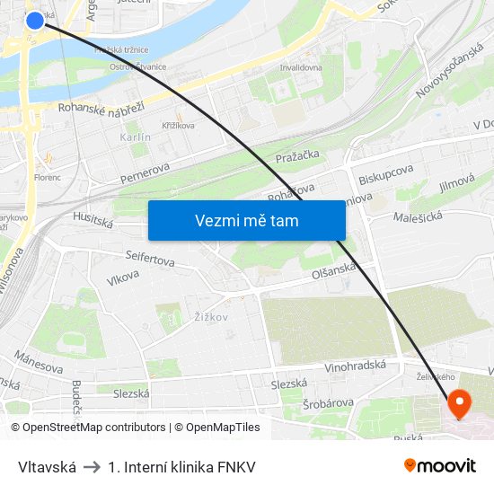 Vltavská to 1. Interní klinika FNKV map