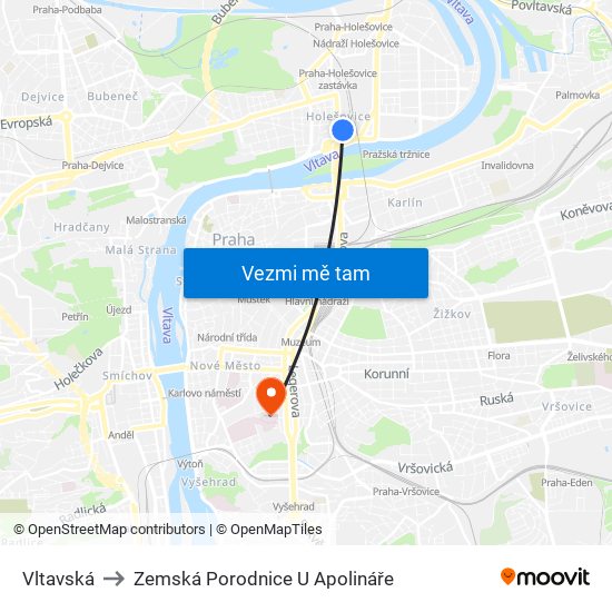 Vltavská to Zemská Porodnice U Apolináře map