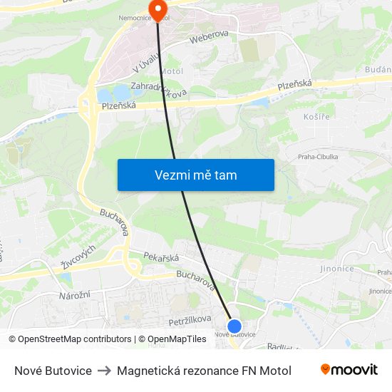 Nové Butovice to Magnetická rezonance FN Motol map