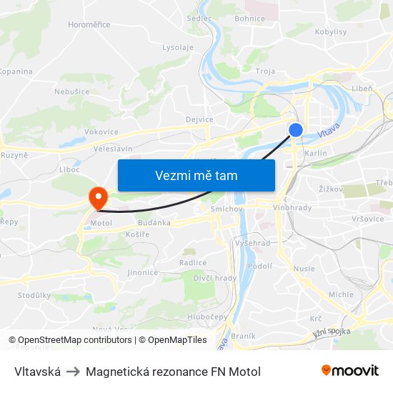 Vltavská to Magnetická rezonance FN Motol map