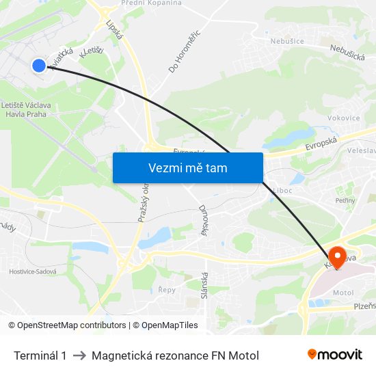 Terminál 1 to Magnetická rezonance FN Motol map