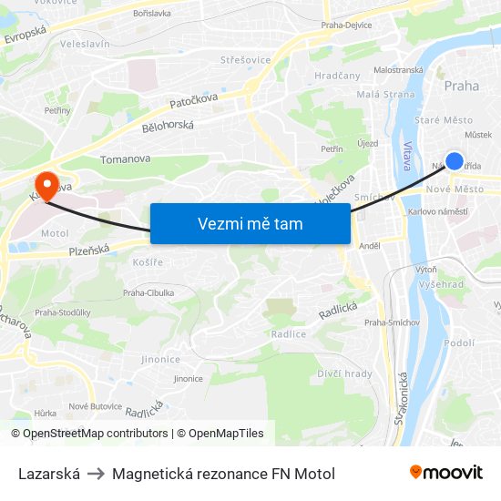 Lazarská to Magnetická rezonance FN Motol map