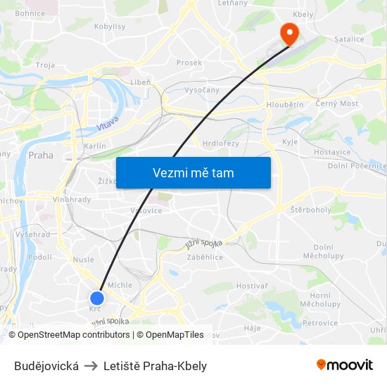 Budějovická to Letiště Praha-Kbely map