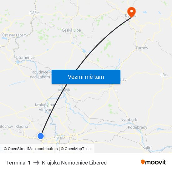 Terminál 1 to Krajská Nemocnice Liberec map