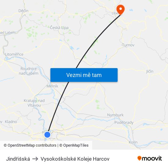 Jindřišská to Vysokoškolské Koleje Harcov map