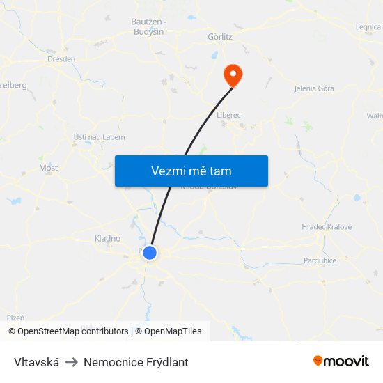 Vltavská to Nemocnice Frýdlant map