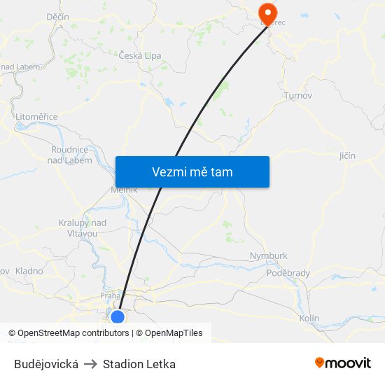 Budějovická to Stadion Letka map