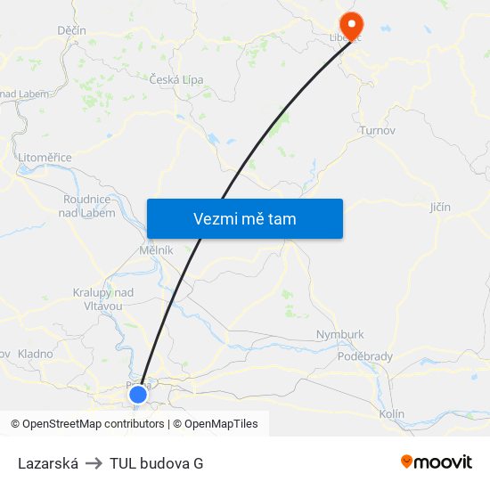 Lazarská to TUL budova G map