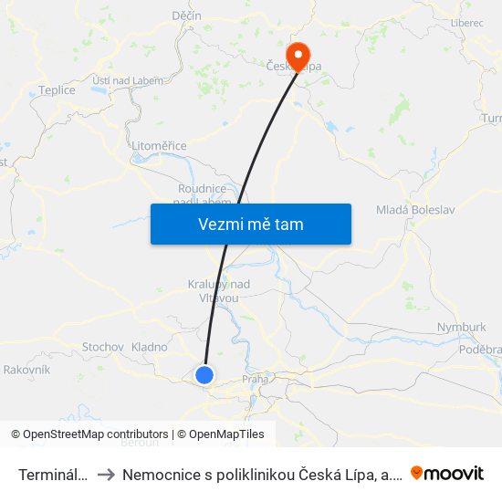 Terminál 1 to Nemocnice s poliklinikou Česká Lípa, a.s. map