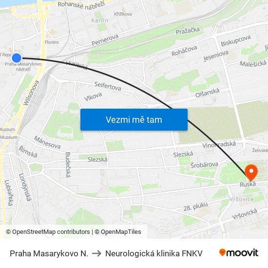 Praha Masarykovo N. to Neurologická klinika FNKV map