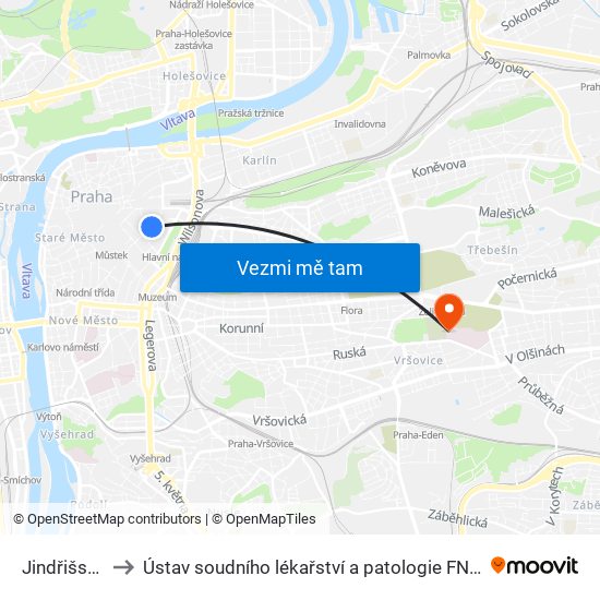 Jindřišská to Ústav soudního lékařství a patologie FNKV map