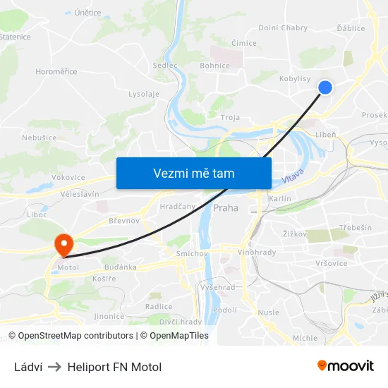 Ládví to Heliport FN Motol map