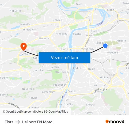 Flora to Heliport FN Motol map