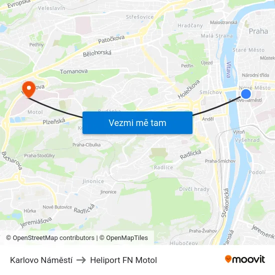 Karlovo Náměstí to Heliport FN Motol map