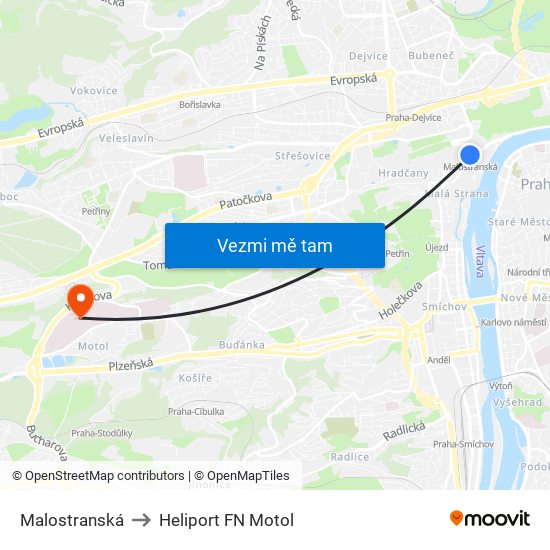 Malostranská to Heliport FN Motol map