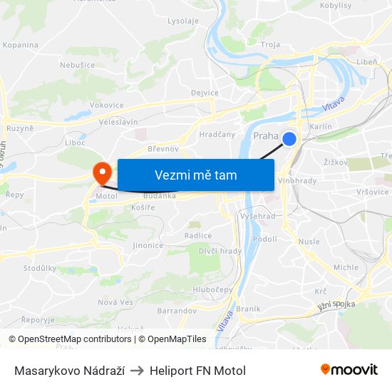 Masarykovo Nádraží to Heliport FN Motol map