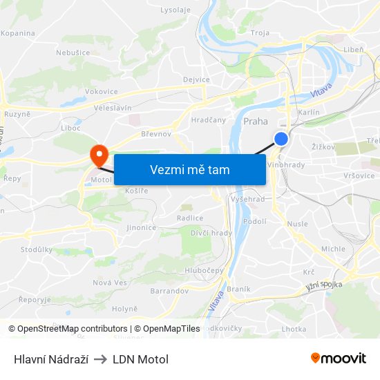 Hlavní Nádraží to LDN Motol map