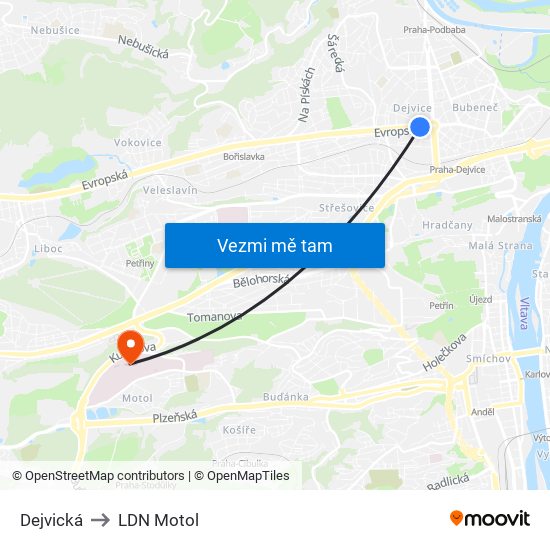 Dejvická to LDN Motol map