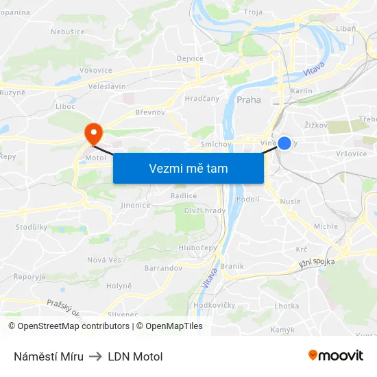 Náměstí Míru to LDN Motol map