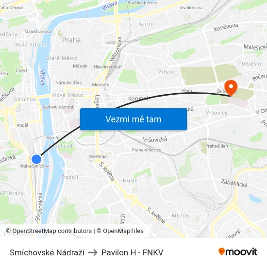 Smíchovské Nádraží to Pavilon H - FNKV map