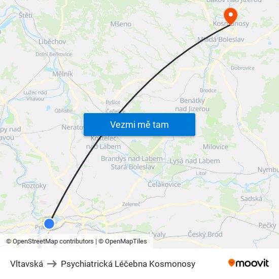 Vltavská to Psychiatrická Léčebna Kosmonosy map