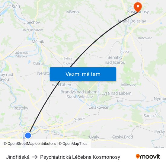 Jindřišská to Psychiatrická Léčebna Kosmonosy map