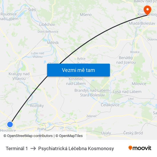 Terminál 1 to Psychiatrická Léčebna Kosmonosy map