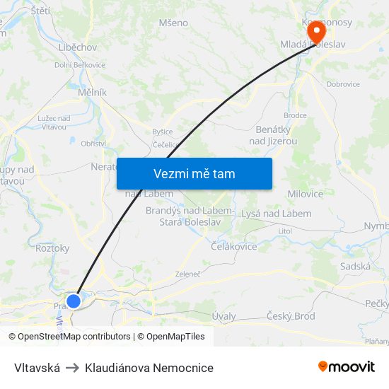 Vltavská to Klaudiánova Nemocnice map