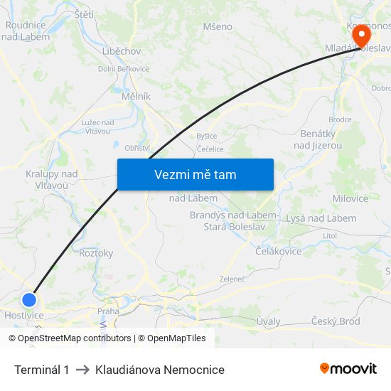 Terminál 1 to Klaudiánova Nemocnice map