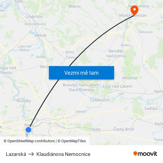 Lazarská to Klaudiánova Nemocnice map