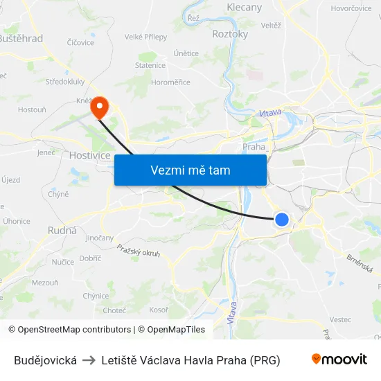 Budějovická to Letiště Václava Havla Praha (PRG) map