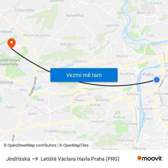 Jindřišská to Letiště Václava Havla Praha (PRG) map