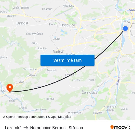 Lazarská to Nemocnice Beroun - Střecha map