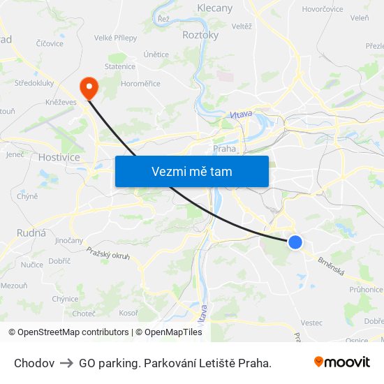 Chodov to GO parking. Parkování Letiště Praha. map