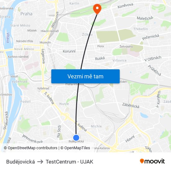 Budějovická to TestCentrum - UJAK map