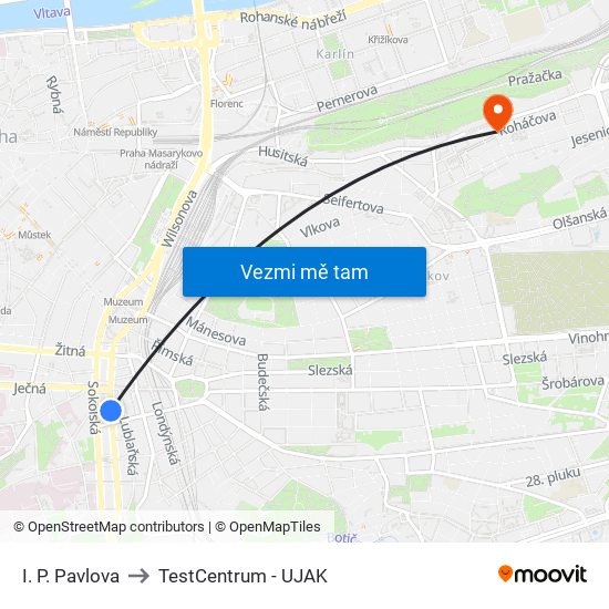 I. P. Pavlova to TestCentrum - UJAK map