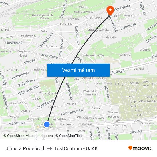 Jiřího Z Poděbrad to TestCentrum - UJAK map