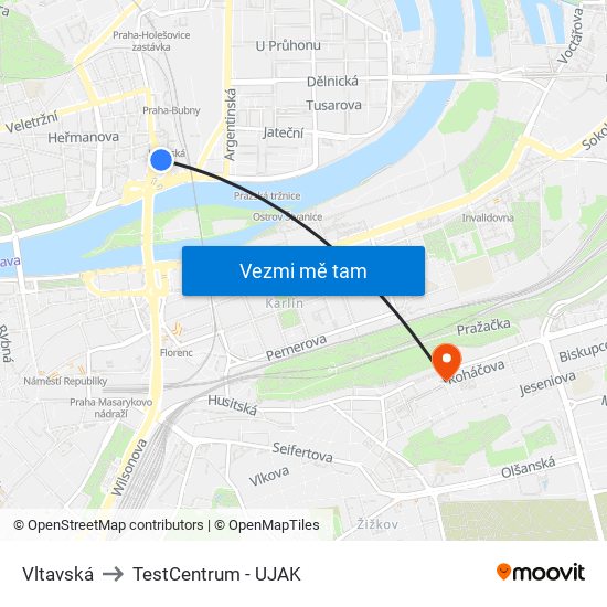 Vltavská to TestCentrum - UJAK map