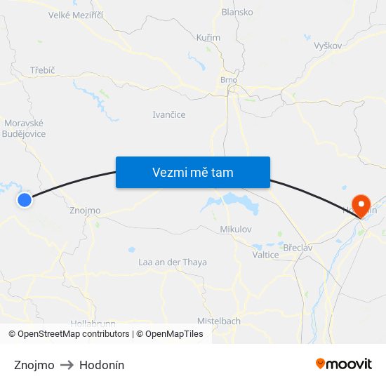 Znojmo to Hodonín map