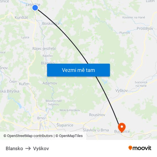 Blansko to Vyškov map