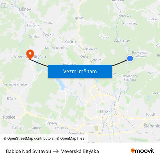 Babice Nad Svitavou to Veverská Bítýška map