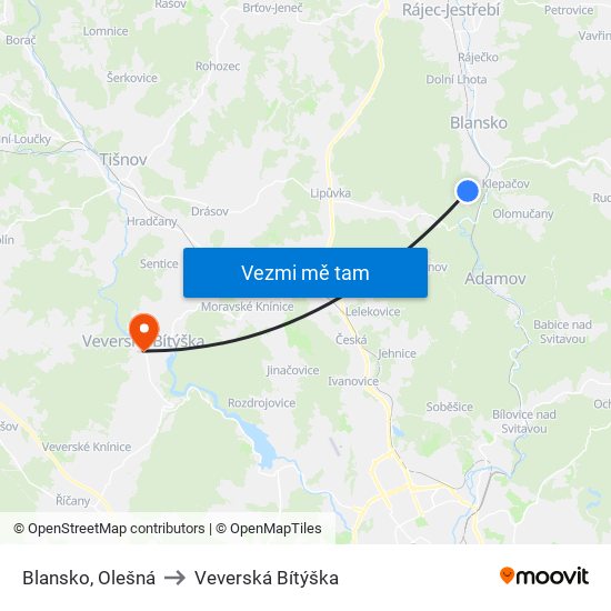 Blansko, Olešná to Veverská Bítýška map