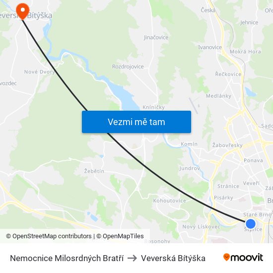 Nemocnice Milosrdných Bratří to Veverská Bítýška map