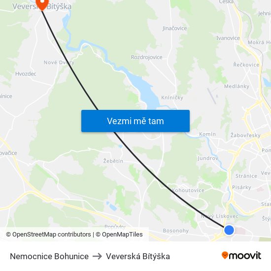 Nemocnice Bohunice to Veverská Bítýška map