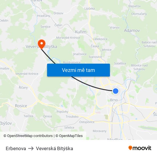 Erbenova to Veverská Bítýška map