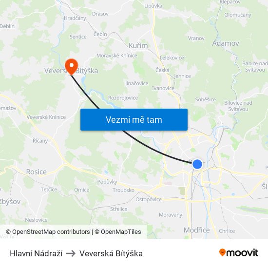 Hlavní Nádraží to Veverská Bítýška map