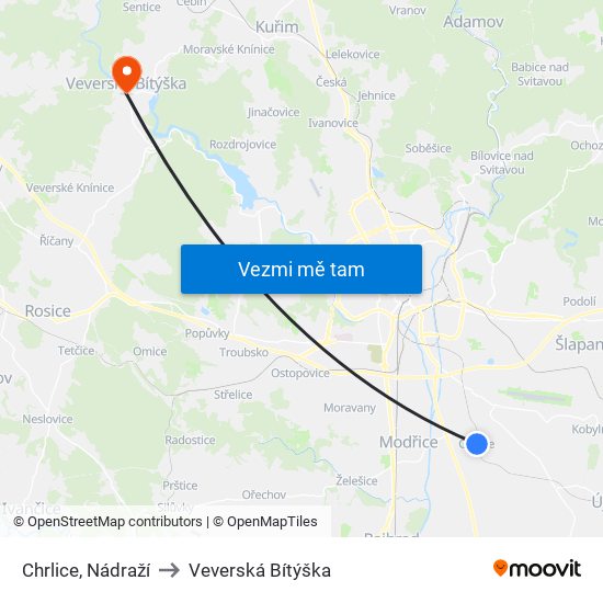 Chrlice, Nádraží to Veverská Bítýška map