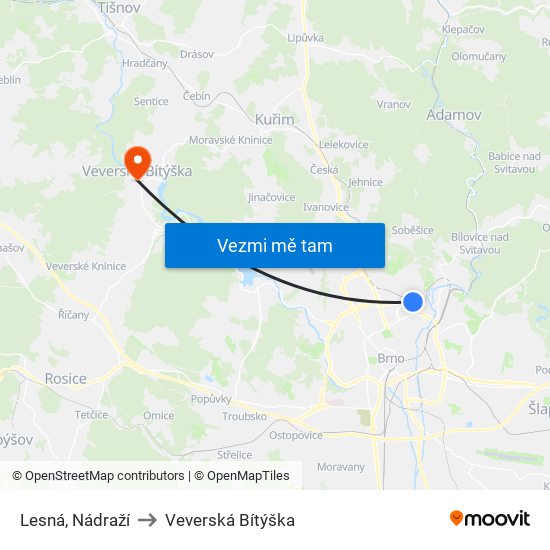 Lesná, Nádraží to Veverská Bítýška map