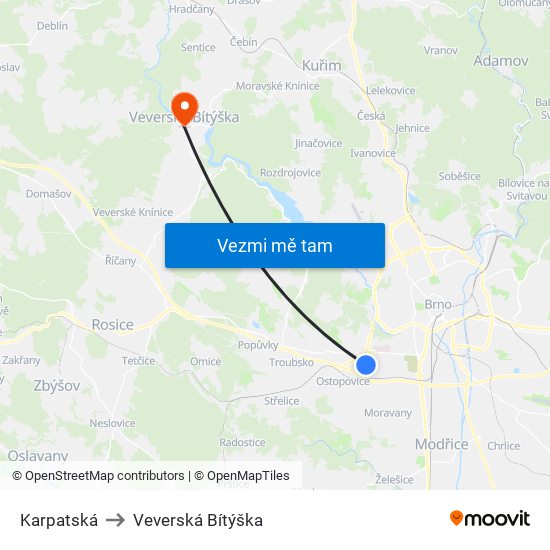 Karpatská to Veverská Bítýška map